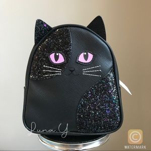 Bath & Body Works Black & Purple Sequins Cat Makeup Cosmetic Bag Small Backpack